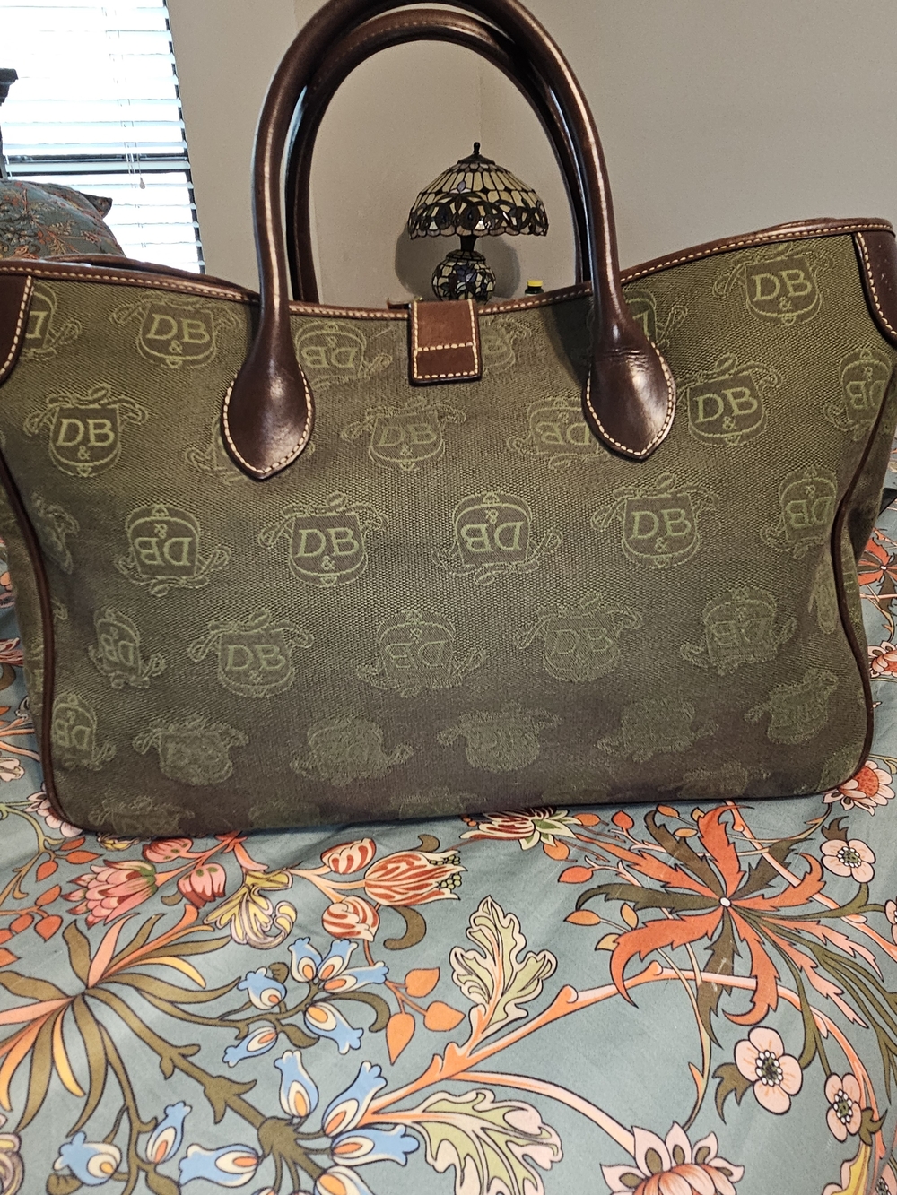 Dooney & Bourke Olive Canvas Tote with Brown Leather Trim